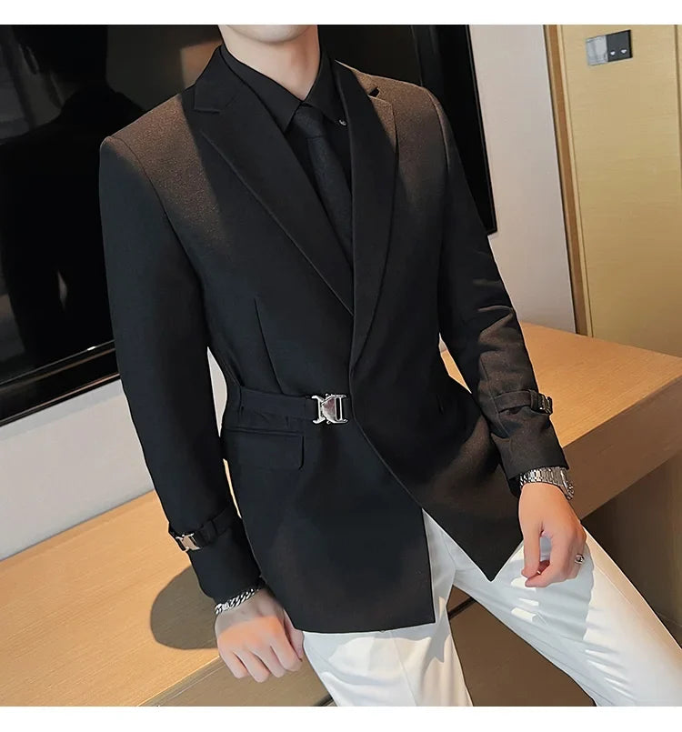 Men's Slim Fit Blazer Metal Buckle Decoration Smart Casual Wedding Party Jacket