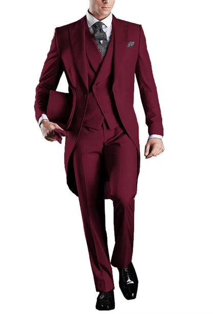 Men's 3-Piece Solid Long Tailcoat Tuxedo Set Formal Wedding Groom Clothing Jacket Pants Vest for Prom Party Fashion Male Suits