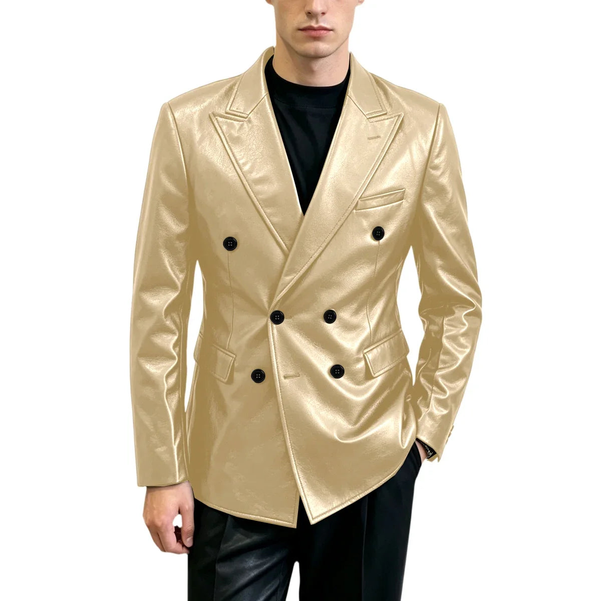 Vintage Men's Brown Leather Blazer Double Breasted Peak Lapel Slim Fit Suit Jacket High Quality Fashion Sport Coat Business Casu