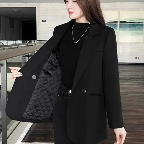 Women's Short Suit Jacket Thickened Cotton Korean Style Long Sleeve Daily Wear Polyester Fiber Short Length Mid-Length