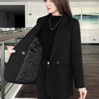 Women's Short Suit Jacket Thickened Cotton Korean Style Long Sleeve Daily Wear Polyester Fiber Short Length Mid-Length