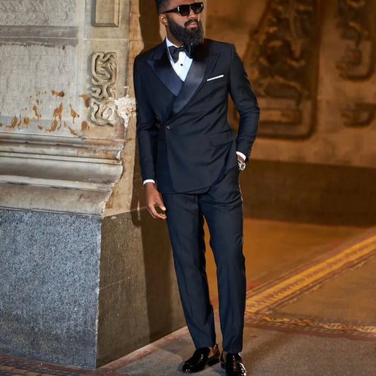 Men Suit Navy Blue 2 Pieces With Bright Black Lapel For Wedding Groom Birthday Banquet Party Business Work Office Jacket Pants