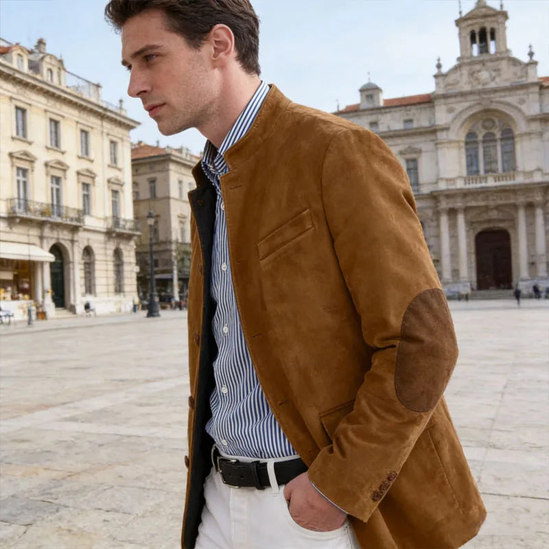 Vintage Men's Suede Blazer Elbow Patch Slim Fit Mandarin Collar Textured Fabric Jacket Business Casual Wedding Party Coat