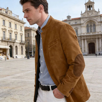Vintage Men's Suede Blazer Elbow Patch Slim Fit Mandarin Collar Textured Fabric Jacket Business Casual Wedding Party Coat
