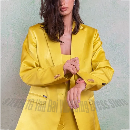 Yellow Satin Glossy Women Suits 2 Pieces Notched Lapel Straight Fit Jacket Pants Party Gala Runway Formal Outfit Stylish Look