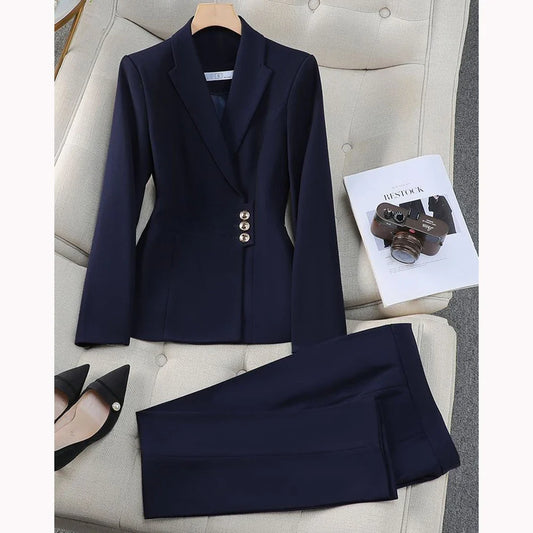 Navy Blue Women Suit Customized Single-breasted Peaked Lapel Two Pieces(Jacket+Pants) for Casual Occasions Daily Office Lady Set