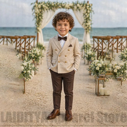 Boys Double Breasted Suit Set Chic Blazer Pants Kids Outfit For Beach Wedding Page Boy Birthday Party Formal Tuxedo 2 Piece
