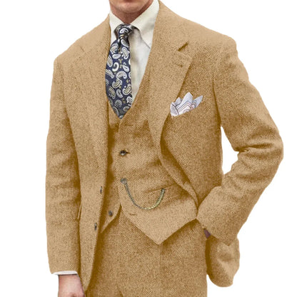 3 Piece Grey/Brown Mens Tweed Herringbone Wedding Suit Prom Tuxedos Peak Lapel Tweed for Business Slim Fit (Blazer+Vest+Pants)