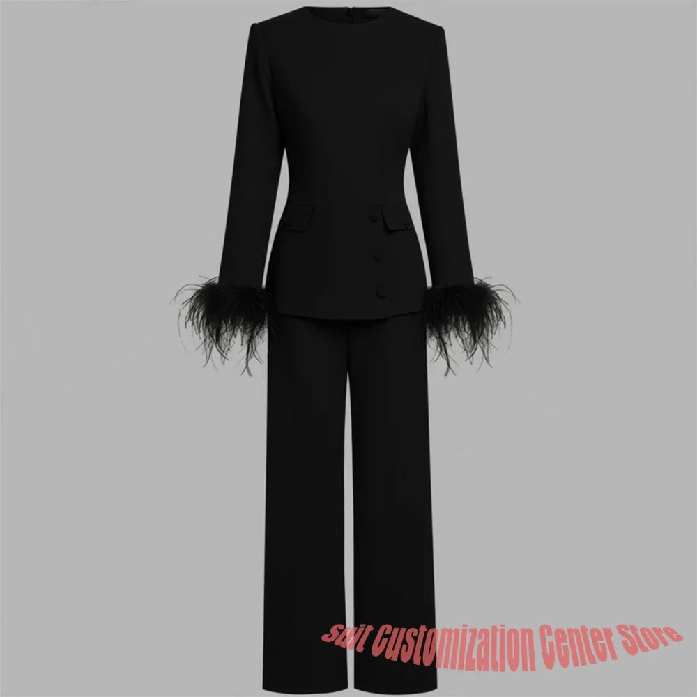 Black Woman Clothes Long-Sleeve Blazer with Feather Cuff Details and Matching Trousers Luxe Evening or Cocktail Suit Ensemble