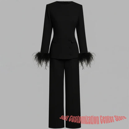 Black Woman Clothes Long-Sleeve Blazer with Feather Cuff Details and Matching Trousers Luxe Evening or Cocktail Suit Ensemble