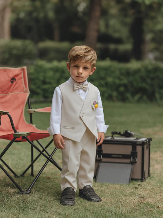 Children's Khaki Vest Suit Set Flower Boys Summer Wedding Dress Kids Piano Host Speech Chorus Performance Costume
