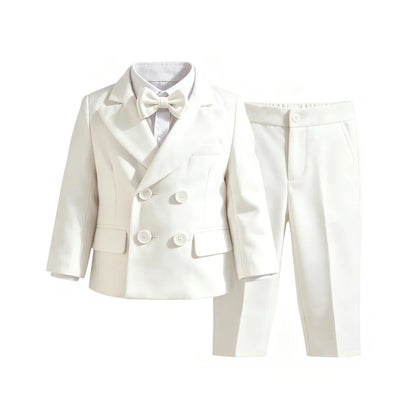 Baby Boy 4Pcs White Formal Suit Double Breasted Blazer Pants Suspenders Bow Tie Toddler Wedding Birthday Party Gentleman Costume