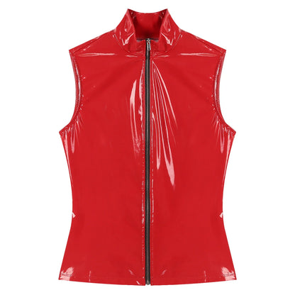 Adults Wet Look Sleeveless Waistcoat Women Fashion Zipper Vest Patent Leather Tops Vests Nightclub Clubwear Clubbing Costume