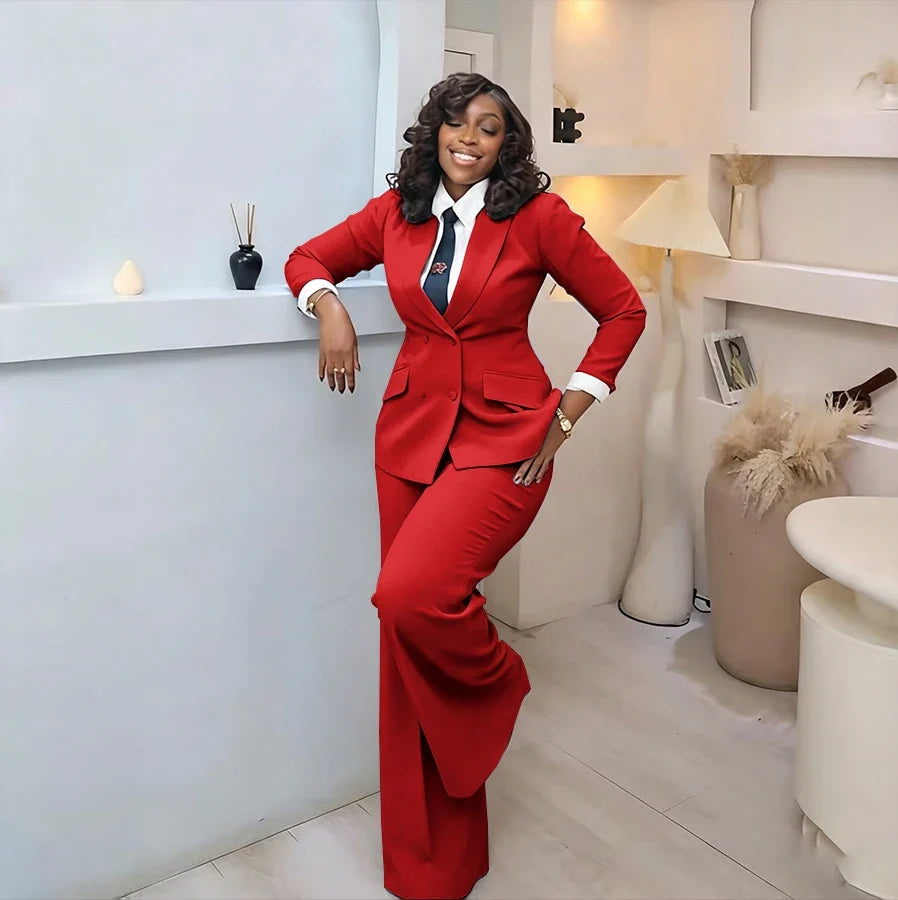 Classic Professional Burgundy Double Breasted Women's Suit Office Formal 2 Piece Jacket Pants Set Casual Daily Streetwear