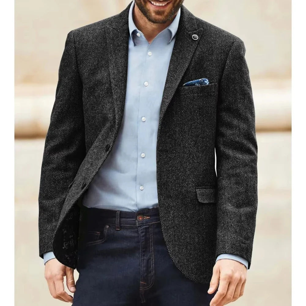 Fashion Men's Herringbone Blazer Classic Notch Lapel Jacket Elegant Slim Fit Fashion Simple Casual Business Outerwear