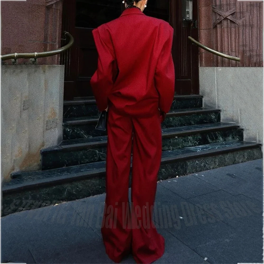 Solid Color Women Suit Smart Casual Peaked Lapel Loose Outfit Double Button High Street Party Wedding Set Two Piece Jacket Pants