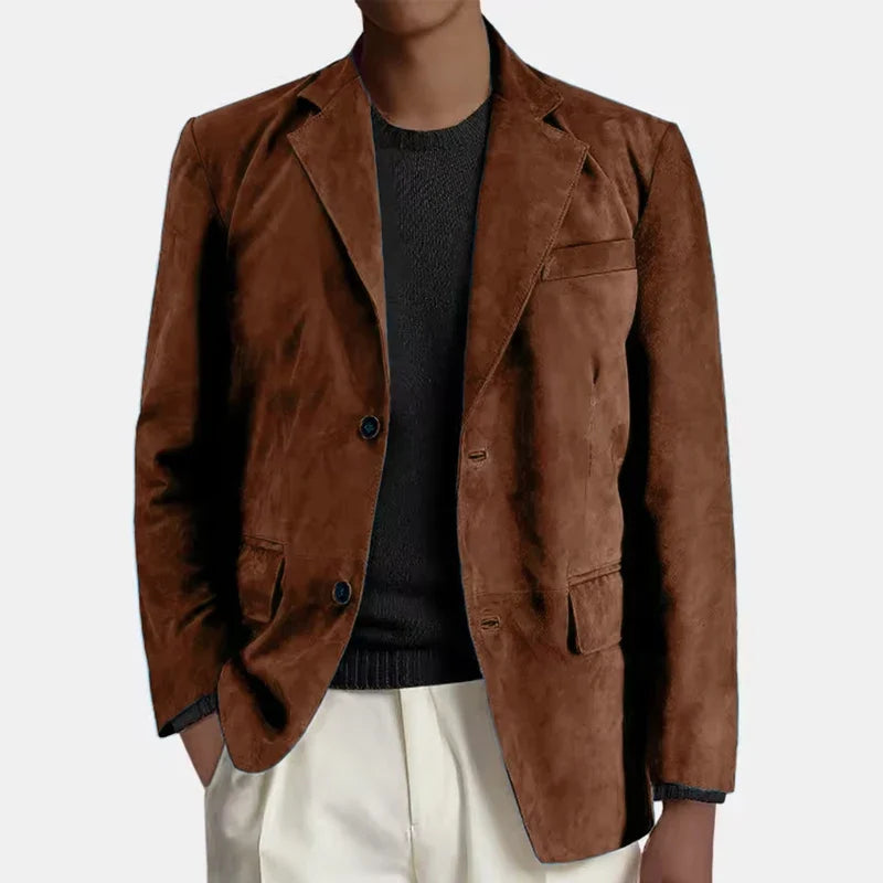 Retro Men Faux Suede Blazer Notched Lapel 2 Button Slim Fit Casual Suit Coat Business Formal Jacket For Wedding Party Daily Wear