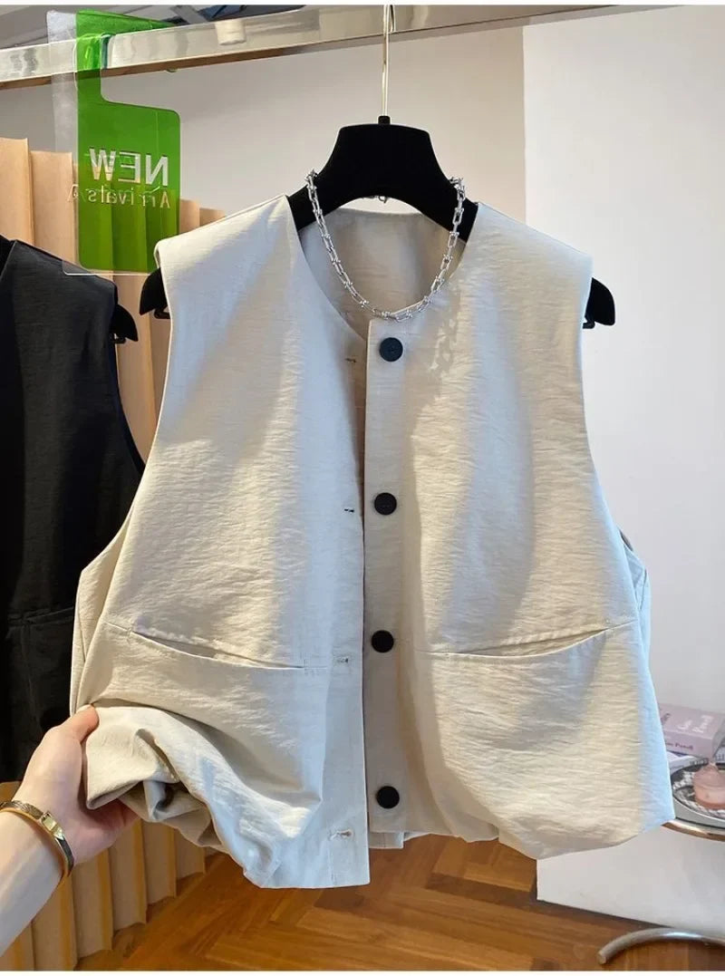 Vest Female Spring Autumn Casual Lined Waistcoat Women O-Neck Sleeveless Jacket Women Solid Single-breasted Vest Coat