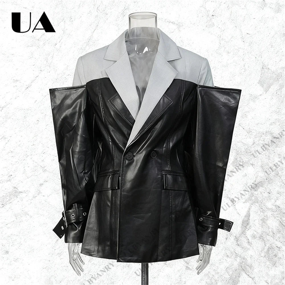 Colorblock Faux Leather Blazer with Notch Lapel Cuff Straps for Street Style Fashion Week Suit Jacket Club Night Blazer