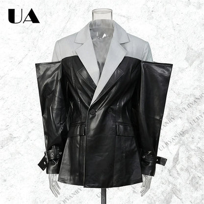 Colorblock Faux Leather Blazer with Notch Lapel Cuff Straps for Street Style Fashion Week Suit Jacket Club Night Blazer
