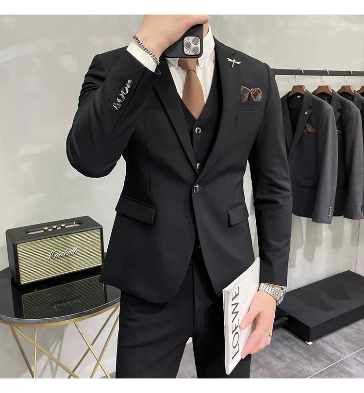 (Jacket +Vest+Pants) Plus Size 7XL-S Men Korean Slim Fit Groom Wedding Business Casual Tuxedo Mens Work Social Suit 3 Pieces