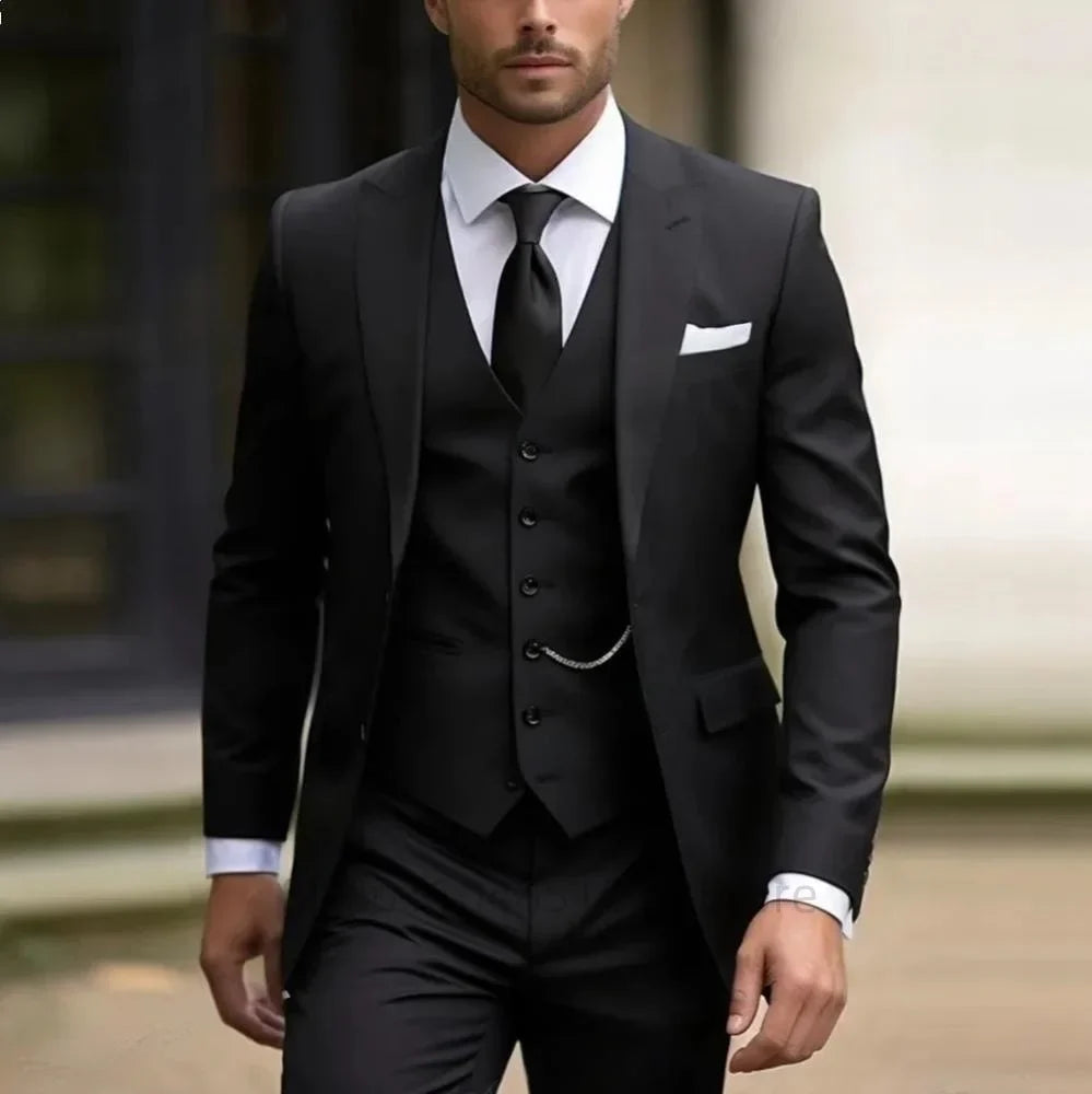 Classic Wedding Tuxedos Solid 3 Pieces Suits Slim Fit Groomsmen Suit Male Formal Business Men Clothing Party(Jacket+Vest+Pants)