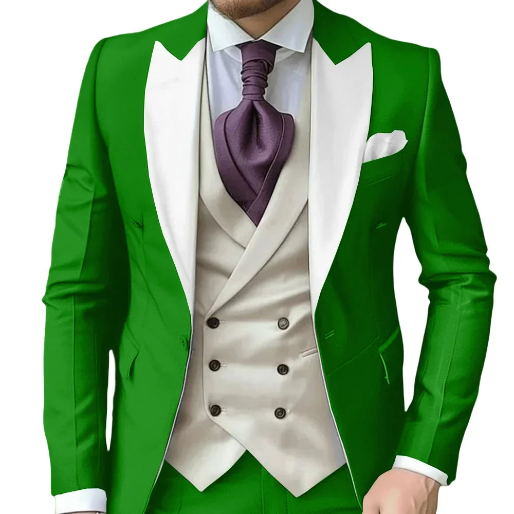 Fashionable Contrast Color Men's Suits 3 Pieces Jacket Vest Pants Dancing Sets Handsome Peak  Lapel Suit Set For Men Party Wear
