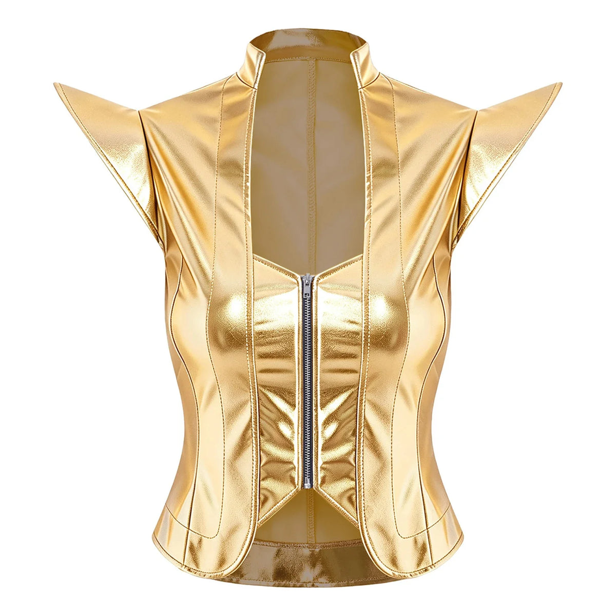 Womens Front Zipper Vest Tank Top Wet Look PU Leather Crop Top Metallic Glossy Rave Party Clubwear Costume Steampunk Waistcoat
