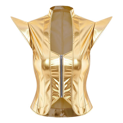 Womens Front Zipper Vest Tank Top Wet Look PU Leather Crop Top Metallic Glossy Rave Party Clubwear Costume Steampunk Waistcoat