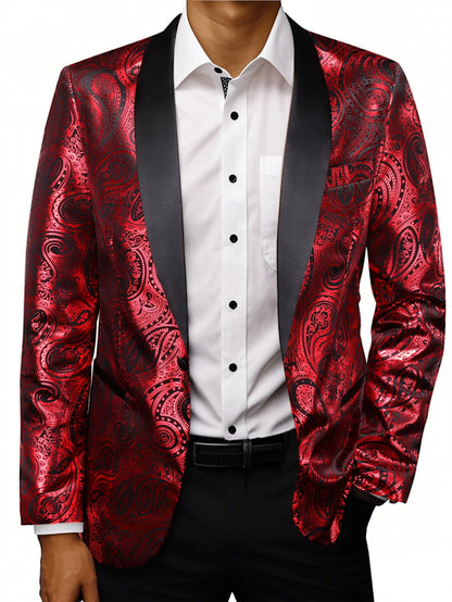 Red Paisley Jacquard Mens Tuxedo Blazer, Black Satin Shawl Lapel Single Button Slim Suit Jacket for Wedding Stage Banquet Party
