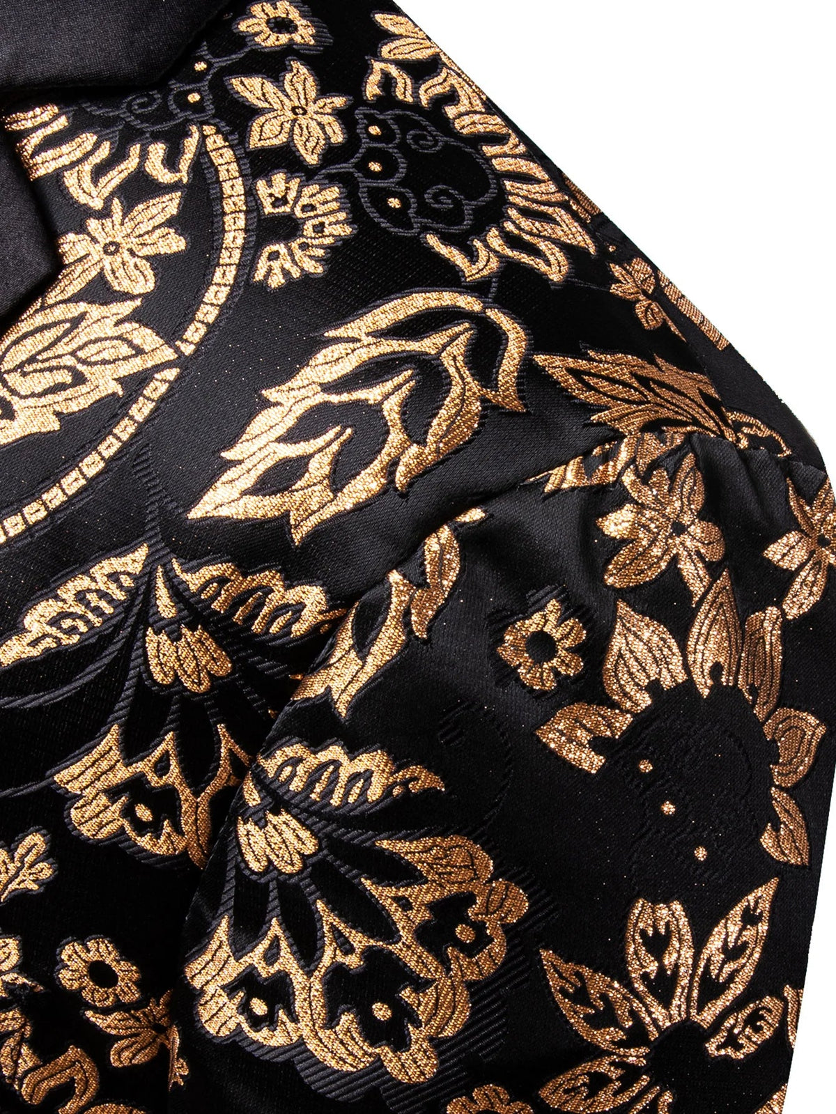 Gold Sunflower Pattern Jacquard Men Tuxedo Blazer, Black Satin Shawl Lapel Single Button Suit Jacket Formal Party Wear