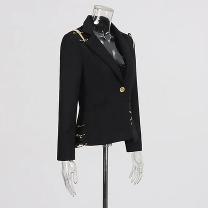 Autumn New Women Chic Blazer Asymmetrical Pin Design Single Button Slim Fit Elegant Fashion Office Lady Stylish Coat HK9876