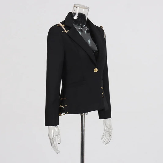 Autumn New Women Chic Blazer Asymmetrical Pin Design Single Button Slim Fit Elegant Fashion Office Lady Stylish Coat HK9876