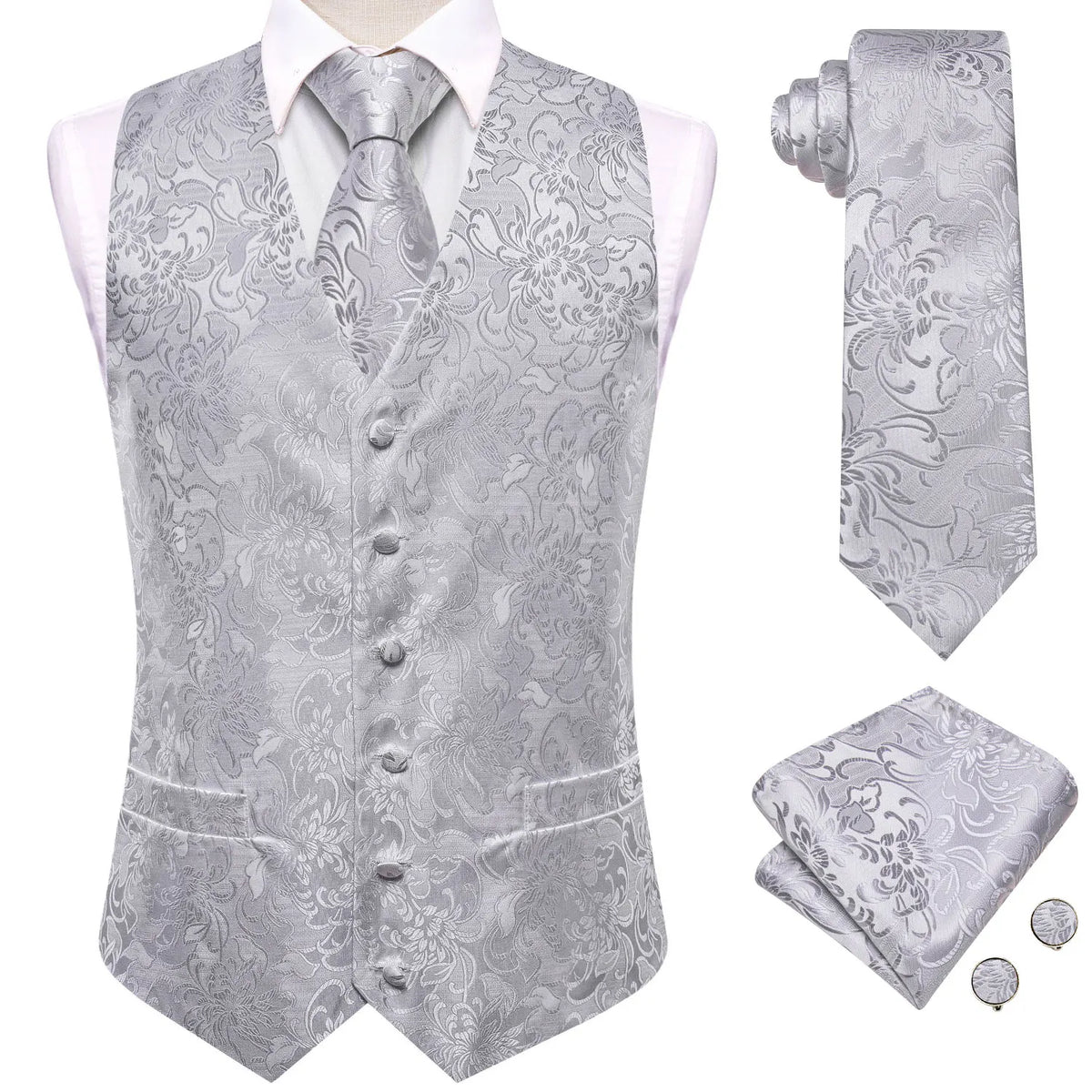 Men's Suit Vest Set – Floral Waistcoat with Tie, Hanky & Cufflinks for Weddings & Formal Events