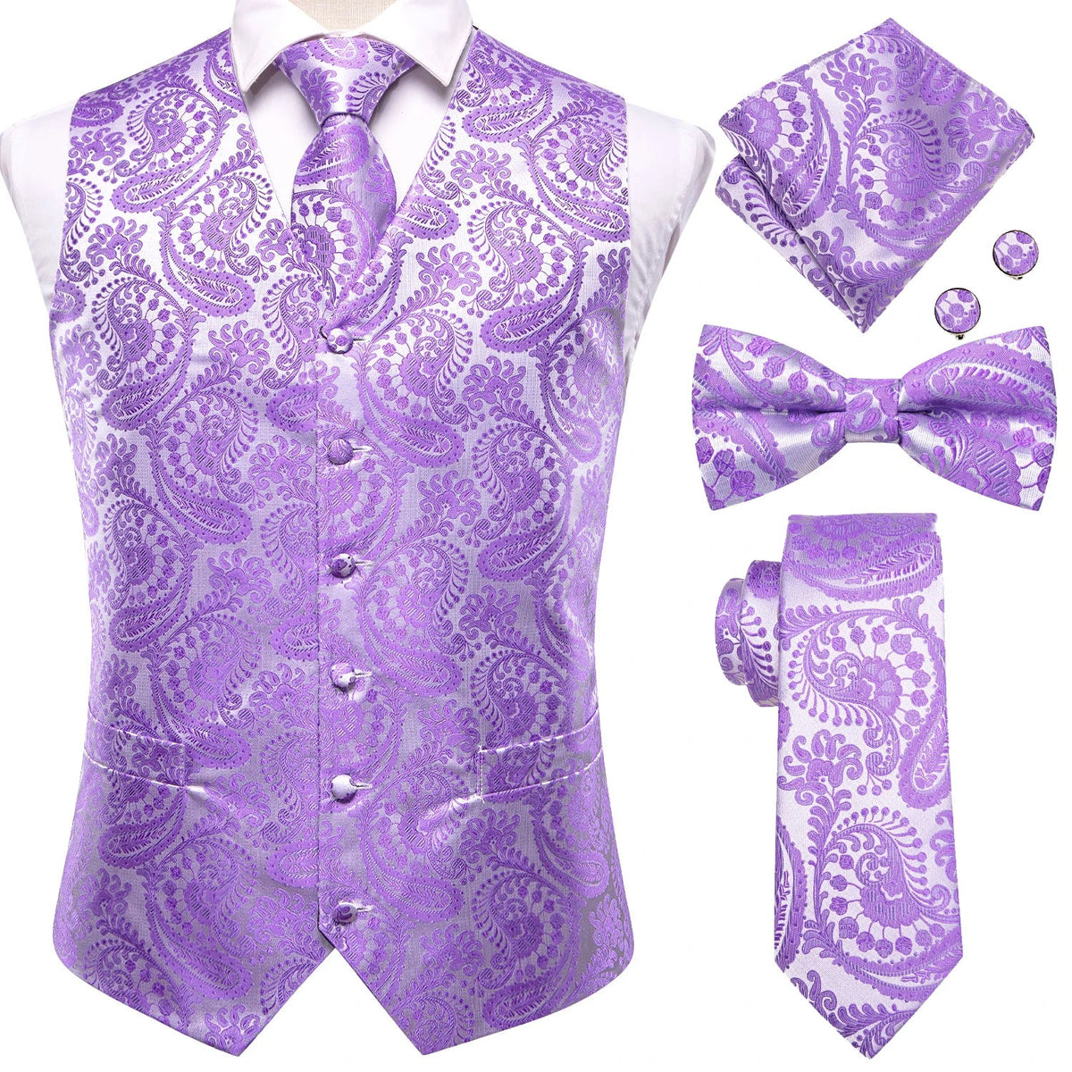 Men's Suit Vest Set – Broadcloth Waistcoat with Tie, Bowtie, Hanky & Cufflinks for Weddings & Office