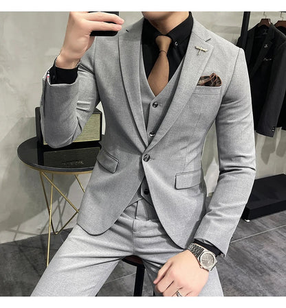 (Jacket +Vest+Pants) Plus Size 7XL-S Men Korean Slim Fit Groom Wedding Business Casual Tuxedo Mens Work Social Suit 3 Pieces