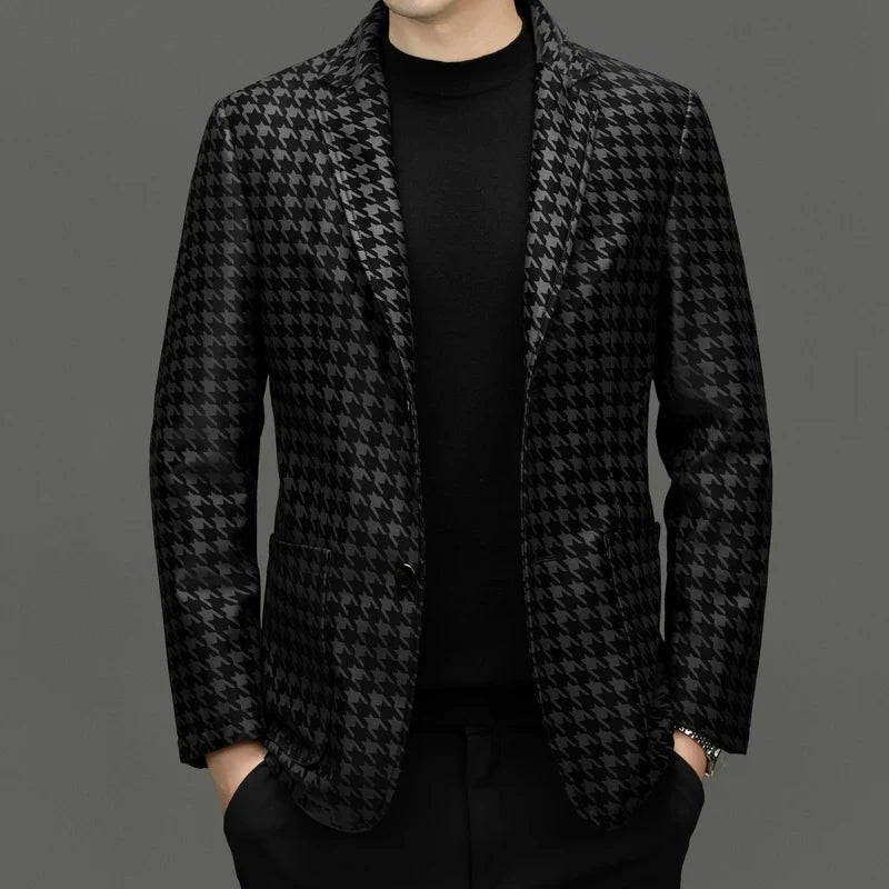 Blazer Men Genuine Leather Slim Fit Single Breasted Smart Casual Black