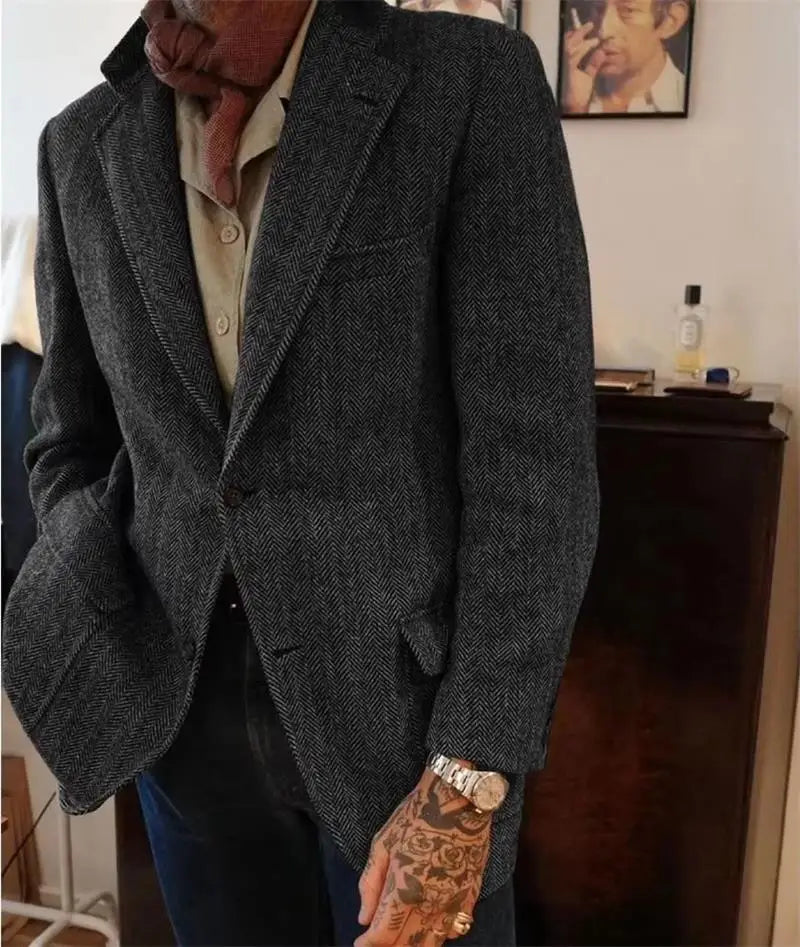 Mens Herringbone Tweed Blazer Vintage Wool Blend Houndstooth Jacket Regular Fit Notch Lapel Business Casual Outerwear Coat