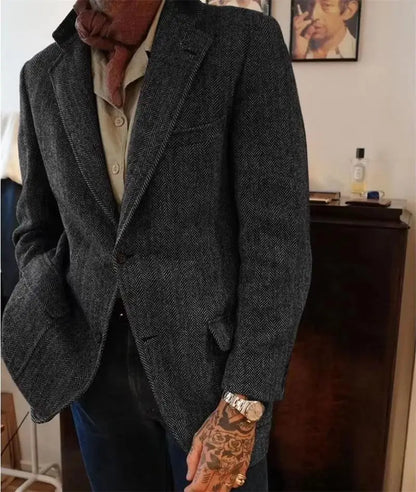 Mens Herringbone Tweed Blazer Vintage Wool Blend Houndstooth Jacket Regular Fit Notch Lapel Business Casual Outerwear Coat