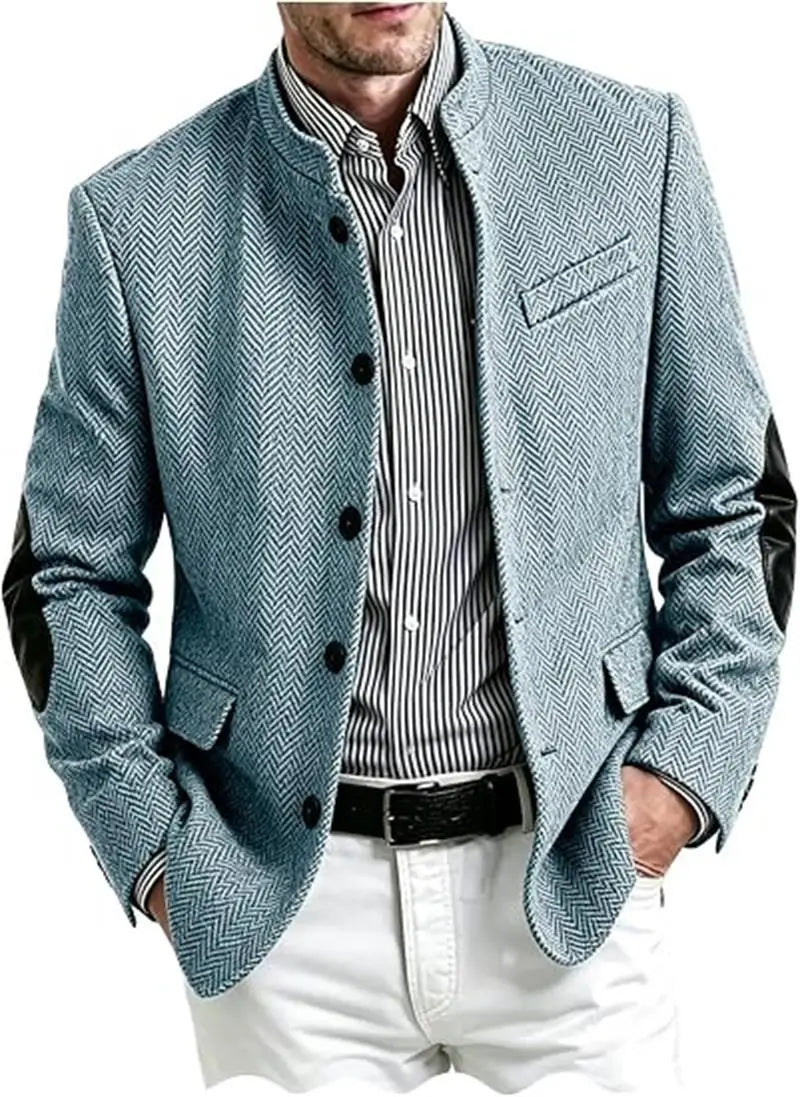Vintage Men's Mandarin Collar Herringbone Tweed Blazer with Leather Elbow Patch Wool Blend Business Casual Slim Fit Suit Jackets
