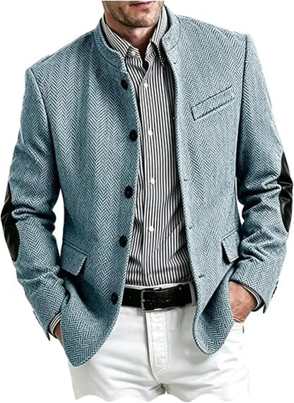 Vintage Men's Mandarin Collar Herringbone Tweed Blazer with Leather Elbow Patch Wool Blend Business Casual Slim Fit Suit Jackets