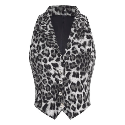 Office Lady Fashion Vest Streetwear Leopard Print Women's Waistcoat Button-down Vests Lapel Tank Top V Neck Vest Workwear Mujer