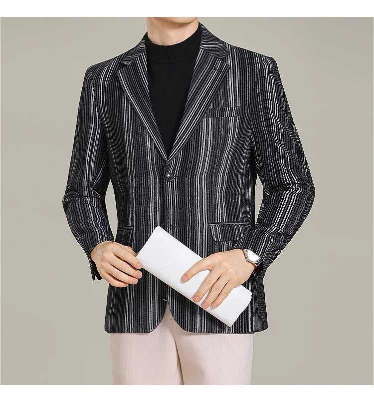2025 Autumn Winter Velvet Striped Fashion Casual Suit Jacket Slim Fit Versatile Business Blazers Social Wedding Groom Dress Coat