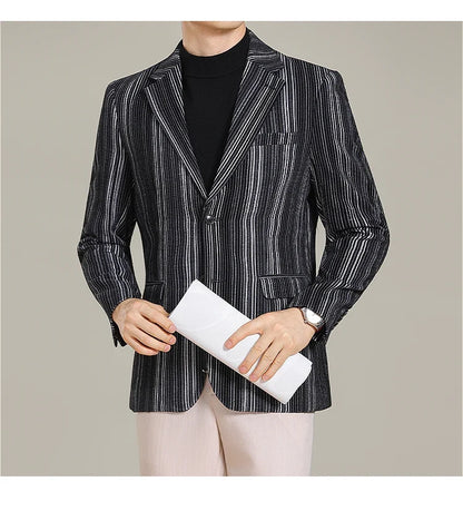 2025 Autumn Winter Velvet Striped Fashion Casual Suit Jacket Slim Fit Versatile Business Blazers Social Wedding Groom Dress Coat