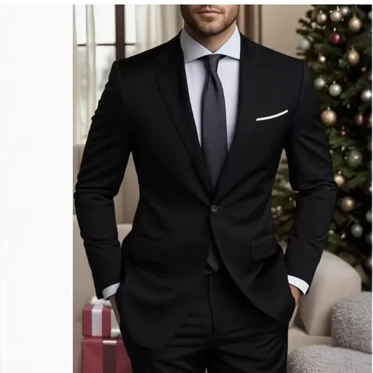 New 2 Pieces Blazer+Pant Business Casual Temperament Banquet Host Slim Fit Light Luxury Men Suit Sets