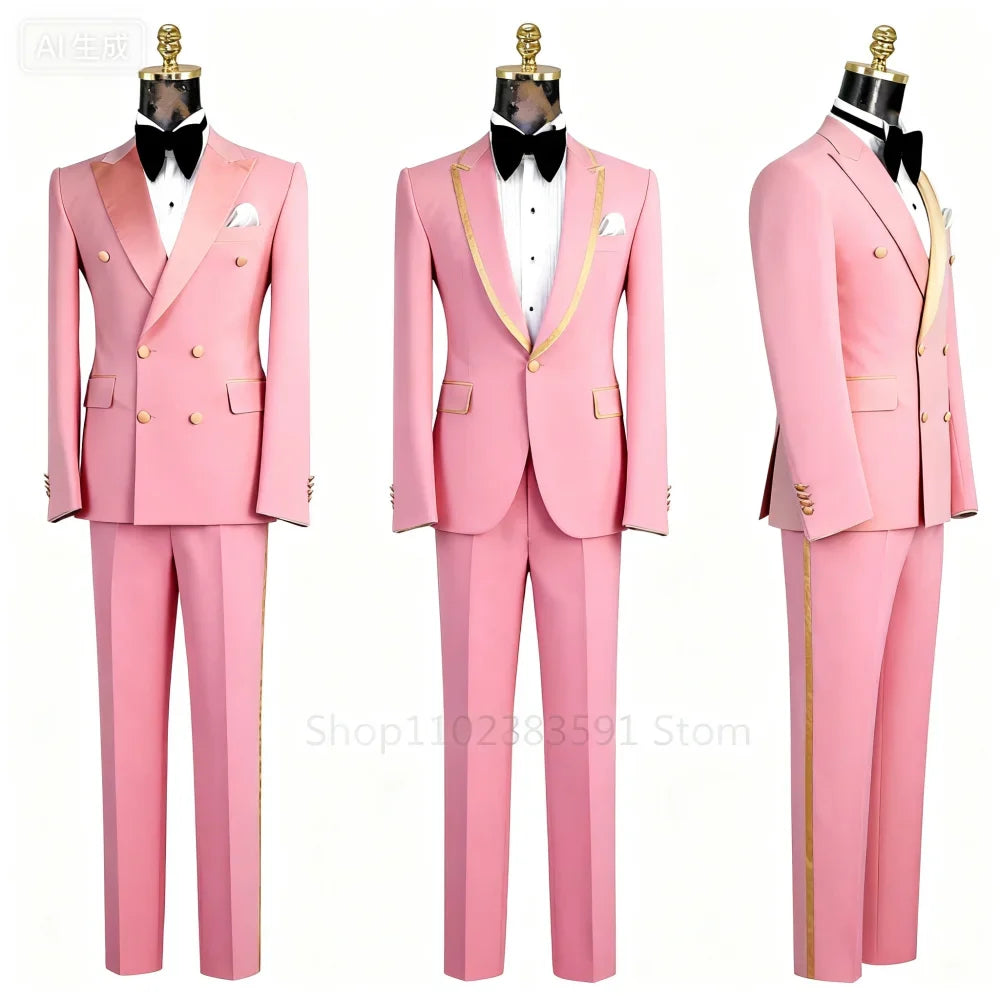Men's Double-Breasted Suit Set – Peak Lapel, Solid 2-Piece for Wedding & Formal Occasions