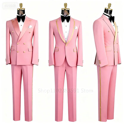 Men's Double-Breasted Suit Set – Peak Lapel, Solid 2-Piece for Wedding & Formal Occasions