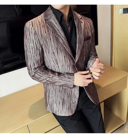Korean Trend 3D Pleated Suit Jacket for Men Wedding Groom Business Dress Jacket Casual Banquet Party Host Blazer Masculino