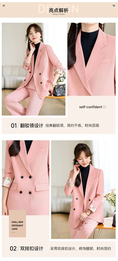 Fashion Elegant Solid Women Blazer Pantsuit Casual Vintage Chic Suit Jackets Wide Leg Pants 2 Pieces Set Female Outfits