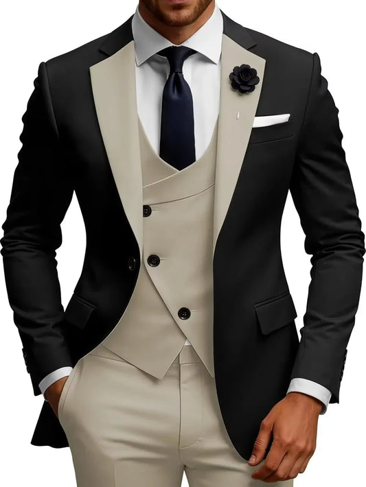 New Man Contrast Color Tuxedo 3 Pieces Party Prom Wear Classic Notched Lapel Men's Suit Set For Business Banquet Plus Size